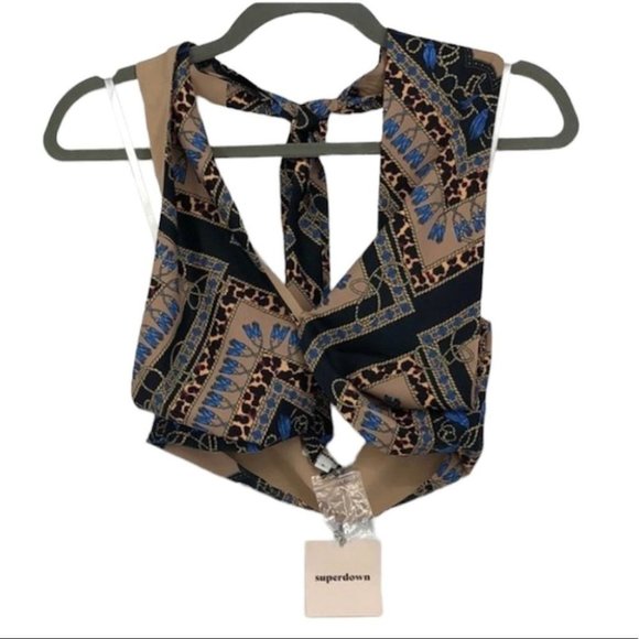 NWT Superdown Alondra Halter wrap crop top in tan blue leopard multicolor SP - Picture 3 of 15